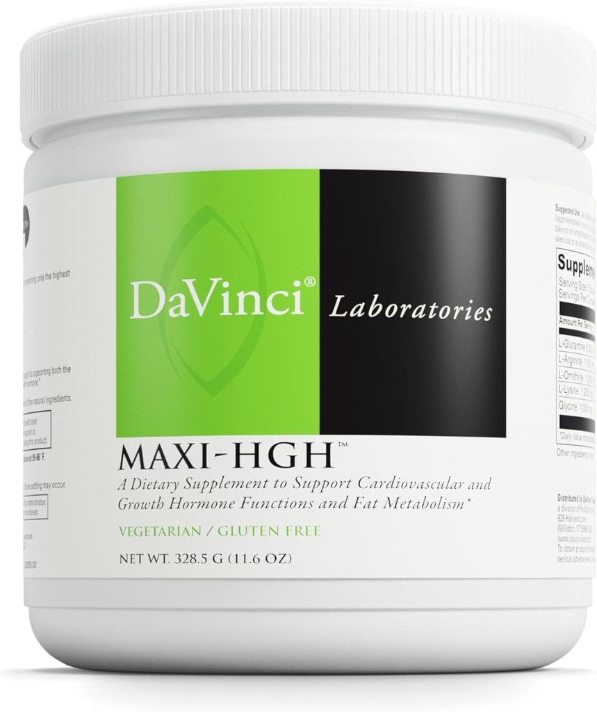 DAVINCI Laboratorios Maxi-HGH - Suplemento de Aminoácidos para apoyar el sistema cardiovascular, recuperación muscular, liberación de hormonas de crecimiento humano y metabolismo de grasa* - libre de gluten - vegetariano - 328,5 g Polvo