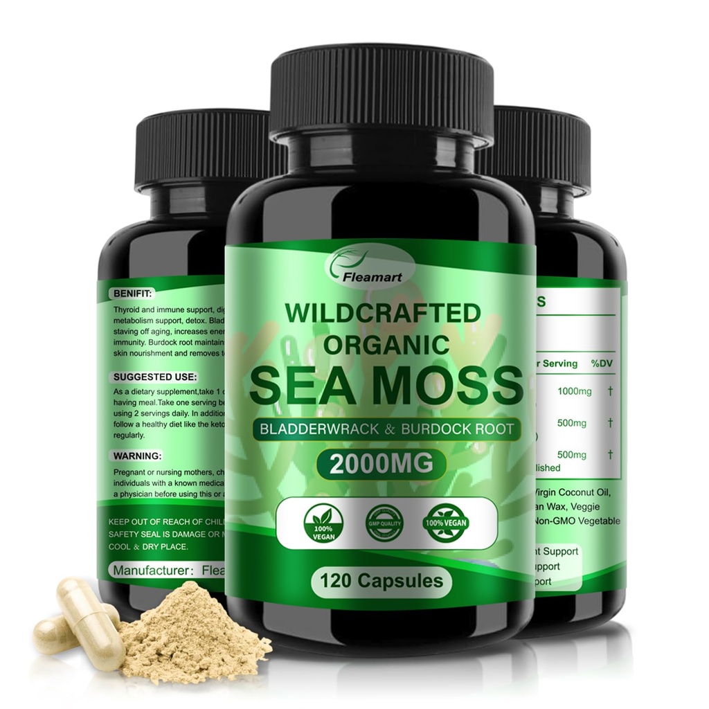Mar irlandés Moss capsules 120ct Mar crudo Moss Wildcrafted Bladderwrack Burdock Root Capsules Super Food Immune System Digestive Health Sea Moss Pills