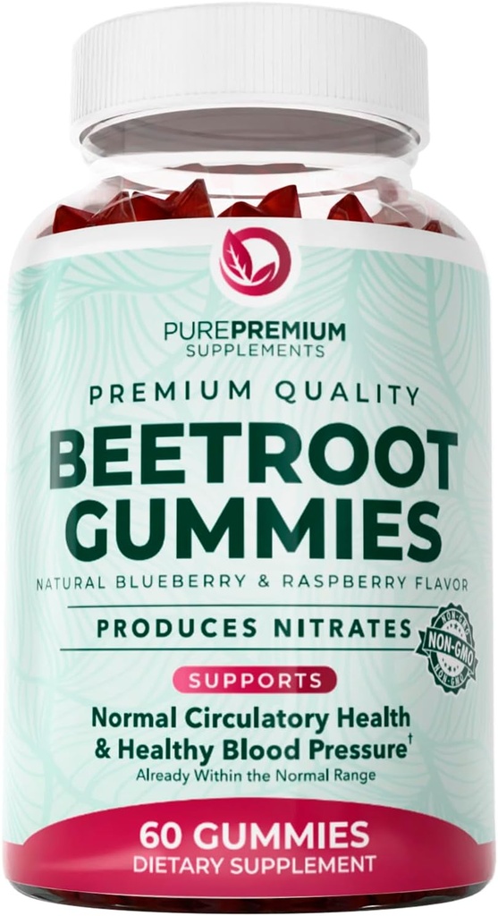 PurePremium Beet Root Gummies - 60 Sugar Free Chews (50:1 Equivalent 1500 mg) - Super Nitric Oxide Beetroot Gummies ← Natural Blueberry Flavor - Suplementos para la presión arterial normal