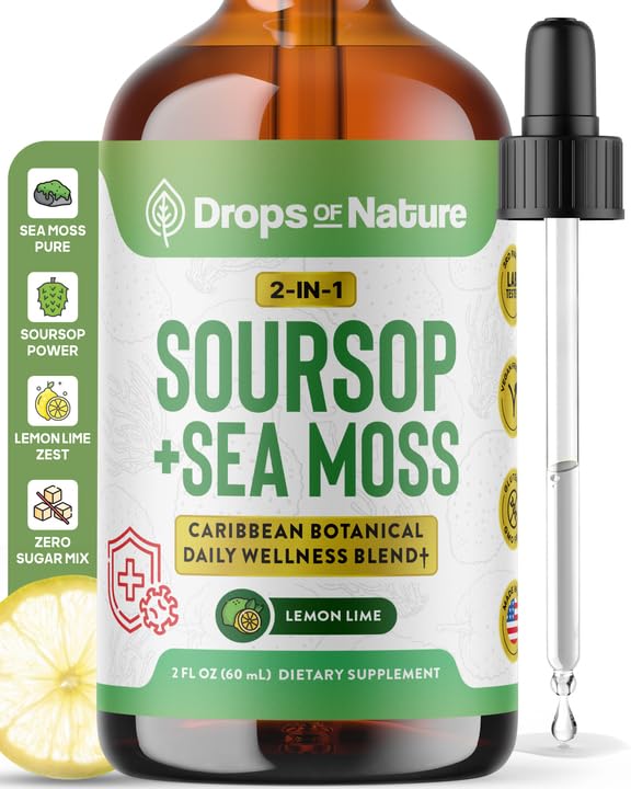 Soursop with Sea Moss Liquid Supplement – More Concentrated Than Sea Moss Gel – Mezcla fácilmente con bebidas – Soursop Bitters Liquid Drops for Hydration and Immune Support (Lemon Lime, 60mL)