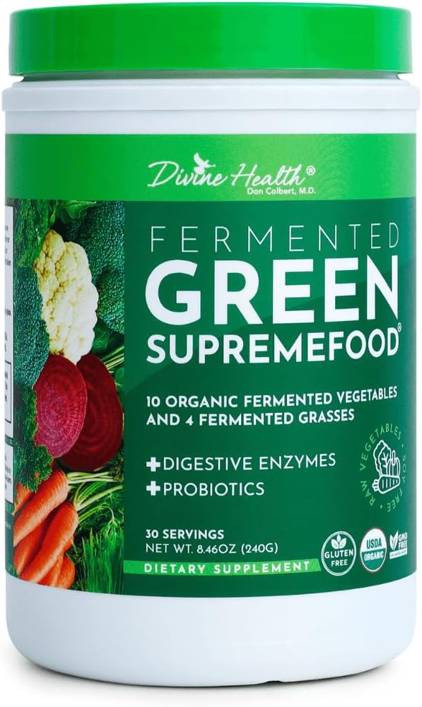 Salud Divina Fermented Green Supremefood ← 14 USDA Orgánica & Fermented Vegetables y Grasses Silencio Probióticos Silencio Enzymes Silencio Apple Cinnamon Flavor ← 30 Serviciones  240g