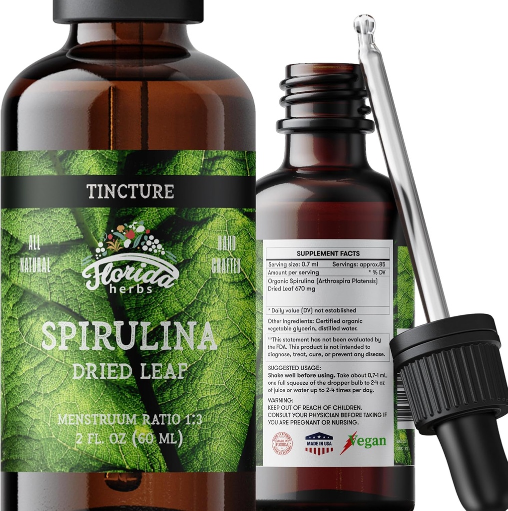 Spirulina Tincture, Extracto de Espirulina Orgánica (Arthrospira Platensis) Suplemento Herbal, No-GMO en Glicerina Vegeta Ecológica Presionada, 700 mg, 2 oz (60 ml)