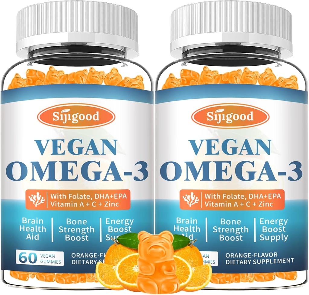 2 Pack Omega-3 Gummies Potent Algae Omega Fuente, Boost Brain, Eye & Immune Función, con DHA y EPA Vegan & Sugar Gratis, Orange Flavor, 120 Cuenta