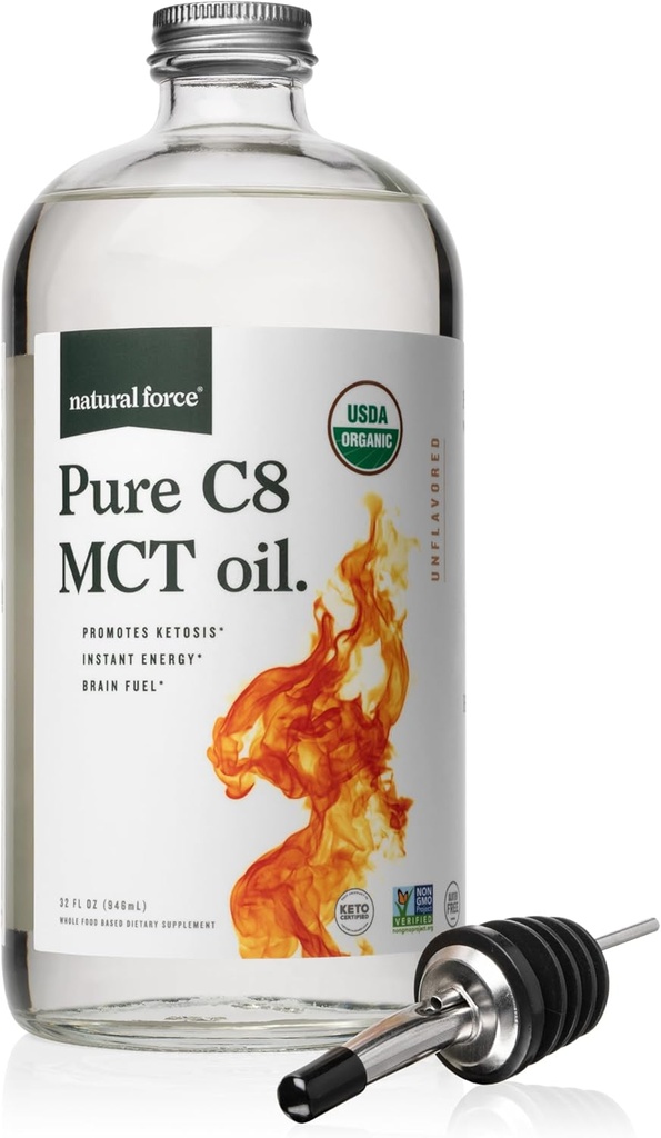 Natural Force Organic Pure C8 MCT Oil – Liquid MCT Aceite en recipiente de botella de vidrio – Ácido caprílico concentrado – Keto, Paleo, Kosher, Vegan & Non-GMO – laboratorio probado para la calidad y la pureza, 32 onzas