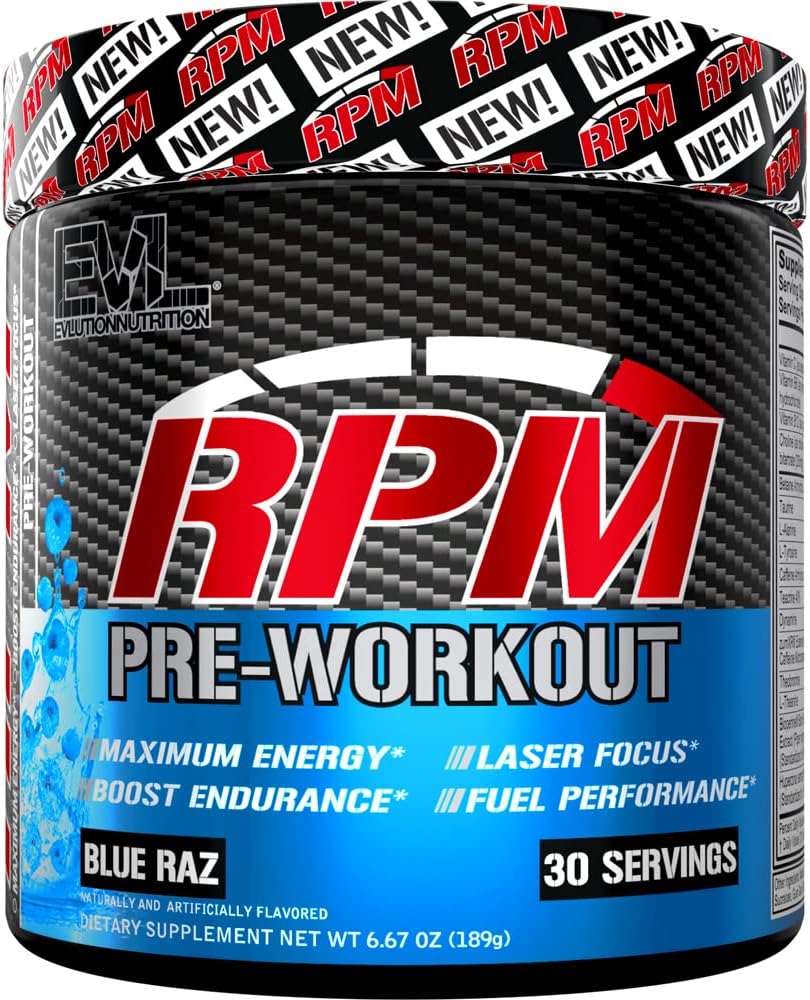 Pre Workout Powder for Energy and Focus - EVL RPM Energy Pre Workout Energy Drink Powder with Betaine Alanine Caffeine and Theacrine - Preworkout Powder Drink for Aplified Performance (Blue Raz)
