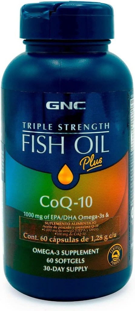 GNC Triple fuerza aceite de pescado más CoQ10 Omega 3 Suplemento, 1000 mg EPA y DHA, 100 mg CoQ10, corazón y salud circulatoria, además de la piel, articulación, cerebro y ojo, revestido para controlar los pezones, 30 servicios