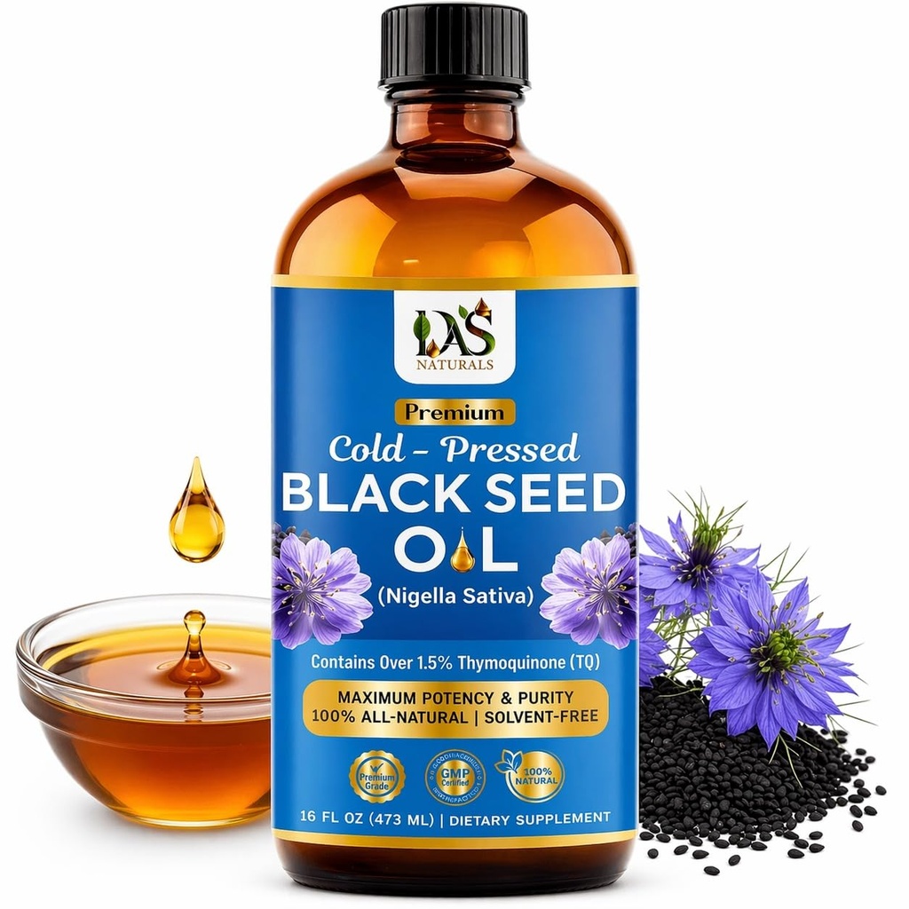 Black Seed Oil Cold-Pressed 16oz | Unrefined Nigella Sativa, 3 Times Thymoquinone (Over 1.5%) | 100% Pure and Natural Black Cumin Seed Oil, Omega 3 6 9, Non-GMO, Vegan
