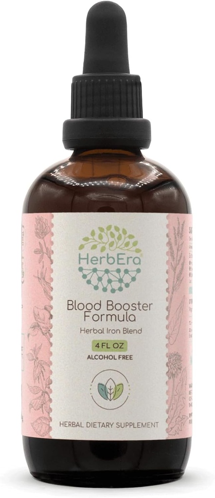 Booster de sangre Fórmula B120 Extracto libre de alcohol Tintura: Hoja de cuello picante, hoja de dandelión, hoja de espinacas, espirulina, hoja de alfalfa, raíz de muelle amarillo, herbal Iron Blend 4 Fl Oz