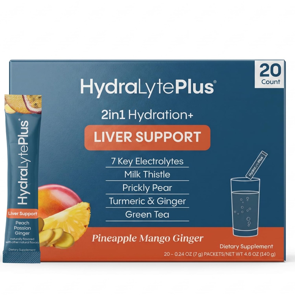 Hydralyte Liver Support + Electrolyte Mix with Milk Thistle, Turmeric, Ginger, Prickly Pear, Green Tea Extract Formulated for Rapid Rehydration (Pineapple Mango Ginger, 20 Packets)