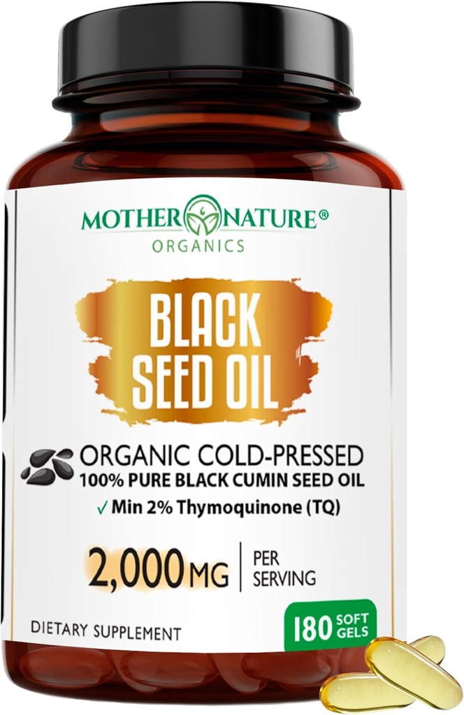 Madre Naturaleza - Cápsulas de aceite de semilla negra orgánica, 3 meses de suministro, prensa fría, alta TQ, 100% turco, negro Cumin Nigella Sativa Oil for Immune Support, Joint, Digestive Health, 1000mg Capsule, 180ct
