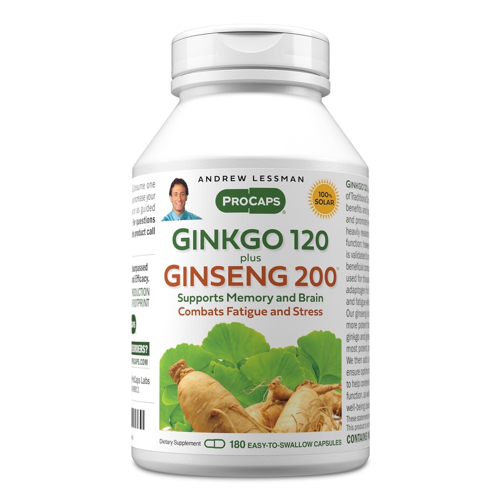ANDREW LESSMAN Ginkgo 120 Plus Ginseng 200mg - 180 Capsules - Standardized Extract Blend to Support Brain, Memory and Cognitive Function. Adaptogen, Combats Stress and Fatigue. No Additives