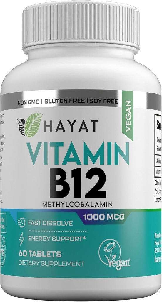 HAYAT Vitaminas Vegan Vitamina Natural B12 1000 MCG, Suplemento Dietario para el Metabolismo Energético Apoyo, 2 Mes de Suministro, Todo Natural, Certificado Halal, 60 Tabletas, Hecho en Los Estados Unidos