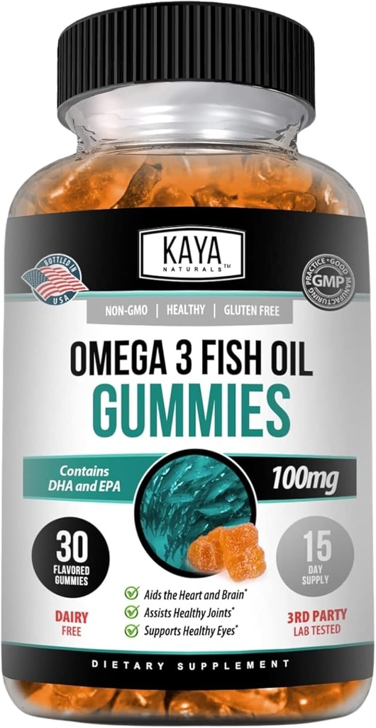 Kaya Naturals Omega 3 Fish Oil Gummies -Fish Oil Supplement with EPA & DHA Ácidos grasos - Ayuda a apoyar el cerebro, el ojo, la salud cardíaca & soporte inmunológico - No GMO - 30 condes