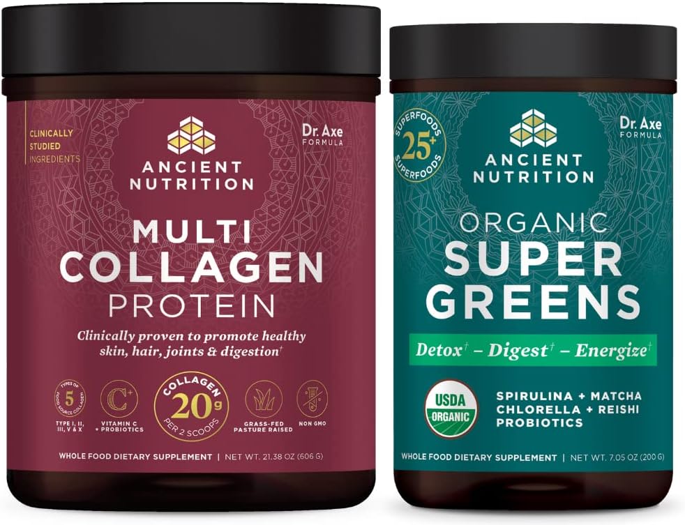 Antigua Nutrición Multi Collagen Proteína Polvo, Desarrollado, 60 Servings + Supergreens Polvo, Greens Flavor, 25 Servings
