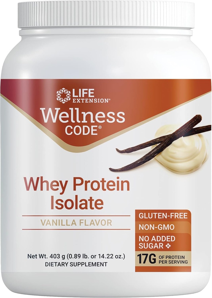 Extensión de vida Wellness Code® Whey Protein Isolate (Vanilla), Proteína y Aminoácidos de cadena ramificada para el crecimiento muscular & salud inmune, sin azúcar añadido, sin gluten, no transgénico, 403 gramos (20 servidos)