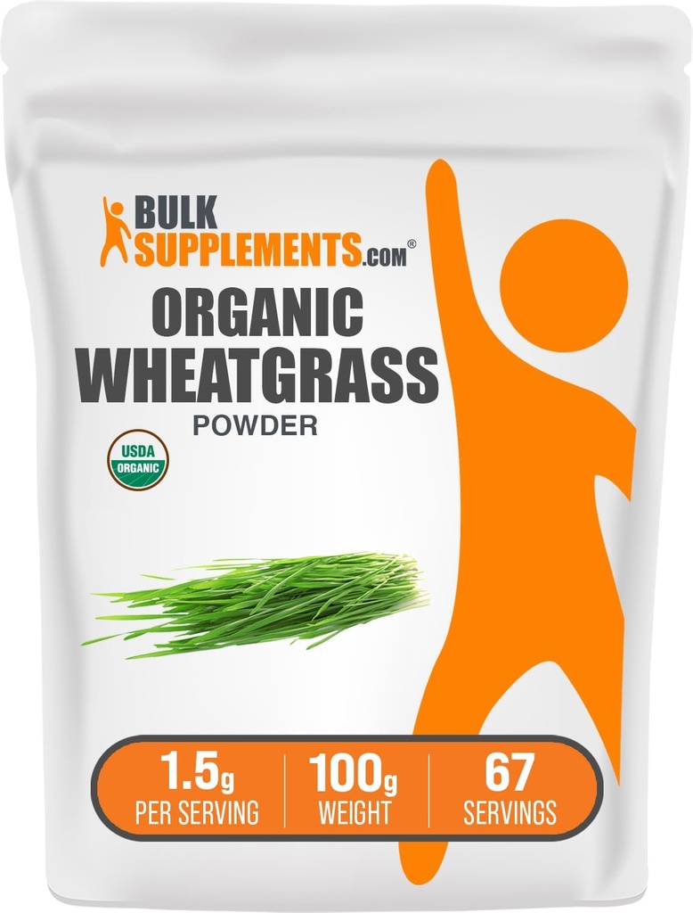 BulkSupplements.com Orgánica Wheatgrass Powder - Orgánico Super Verdes Polvo, Superalimentos Suplemento - Vegan & Gluten Gratis, 1,5g por Serving, 100g (3.5 oz) (Pack of 1)