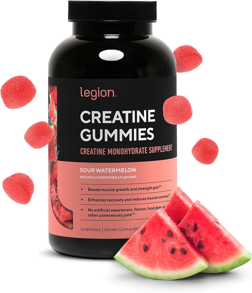 LEGION Creatine Monohydrate Gummies – Clean Chewable Creatine Supplement for Strength, Endurance & Muscle Recovery – 30 Sour Watermelon Flavor Servings – Sin sabores artificiales o dulces