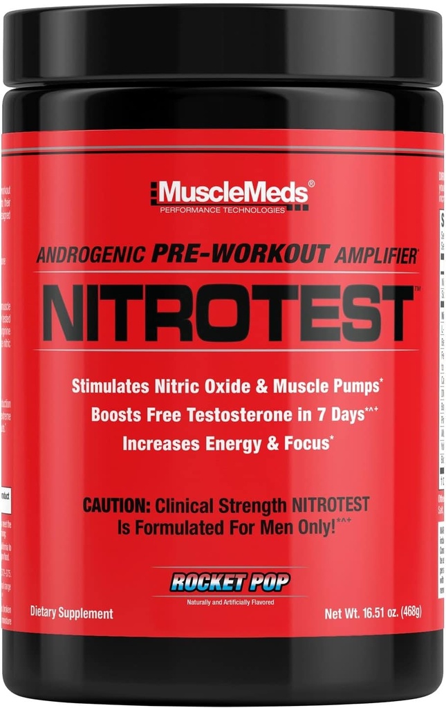 MuscleMeds Nitrotest Pre-Workout Supplement Drink, Boost Nitric Oxide, Testosterone, Rocket Pop, 30 Servings, 1,03 libras, 1 cuenta