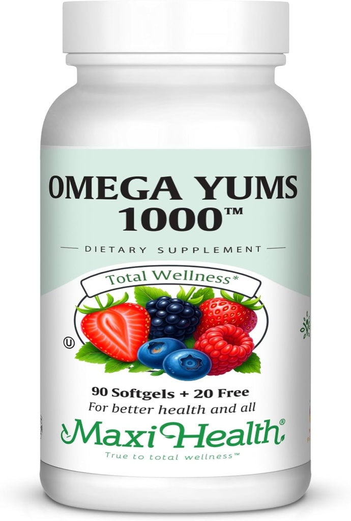 Maxi Health Omega Yums 1000 - Kid Friendly - Fruta Burst Flavor - 110 Softgel Capsules - Kosher