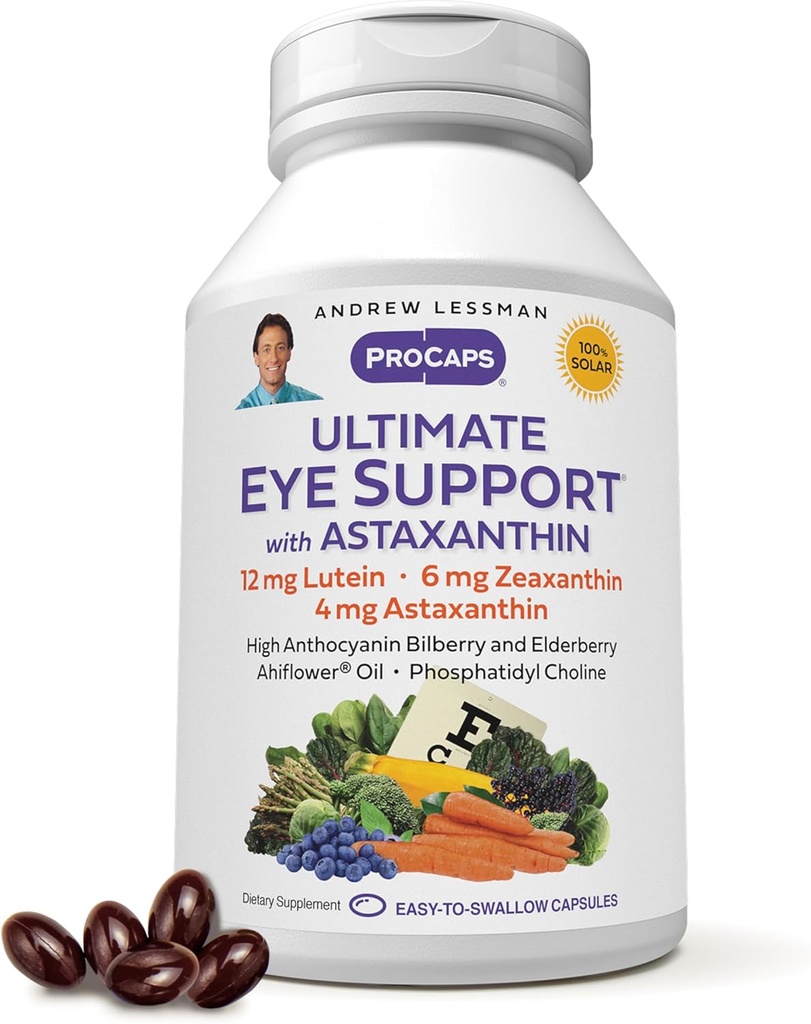 ANDREW LESSMAN Ultimate Eye Support with Astaxanthin 30 Softgels - 12mg Lutein, 6mg Zeaxanthin, 4mg Astaxanthin, Bilberry. Nutrientes clave para apoyar la salud ocular, promover la visión saludable. No hay aditivos