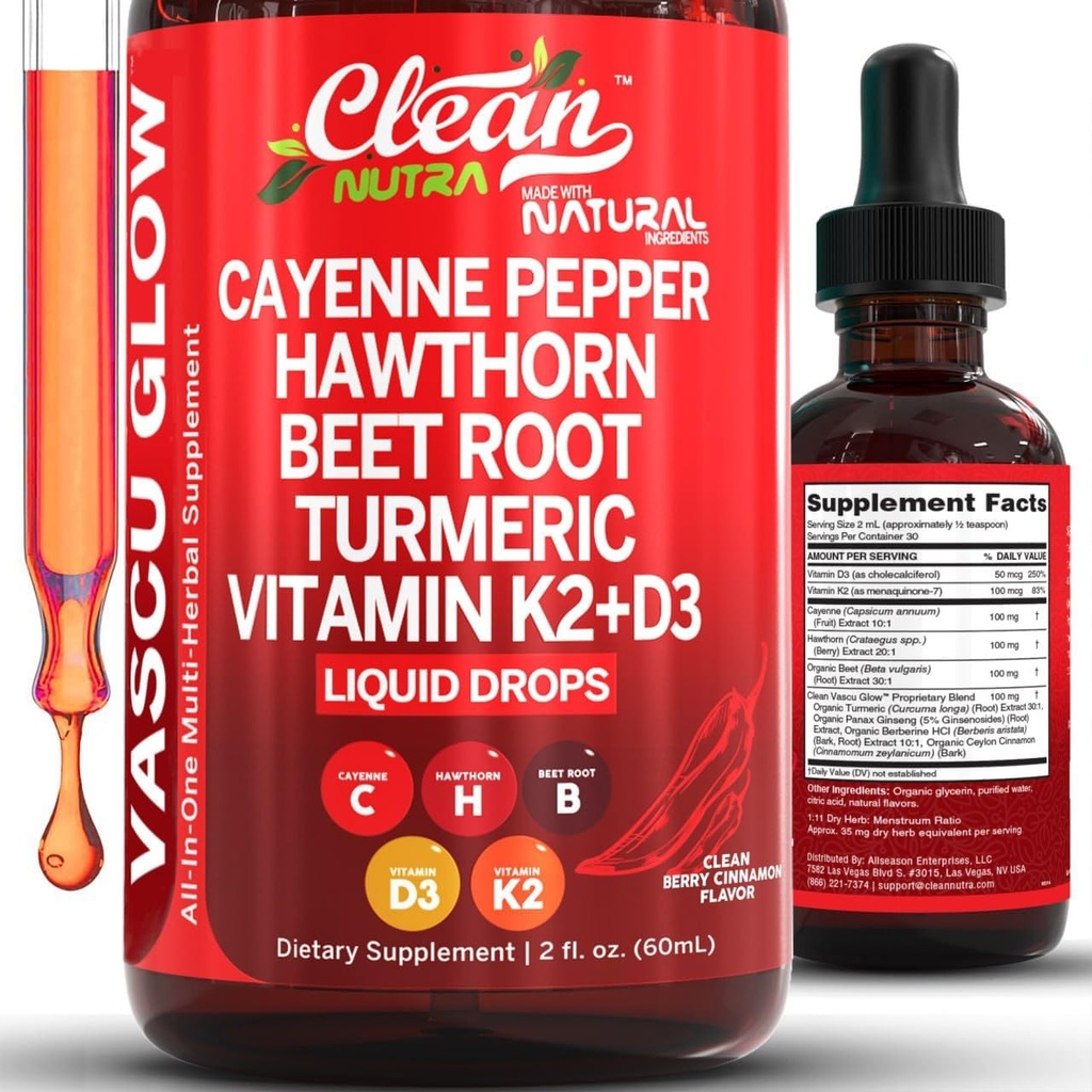 Limpia Nutra Cayenne gotas de pimienta Suplemento Liquido + Hawthorn Berry, Vitamina D3 K2 Beet Root Powder, Ceylon Cinnamon, Turmeric Curcumin, Orgánica Panax Ginseng, Berberine Extract 1 Pack