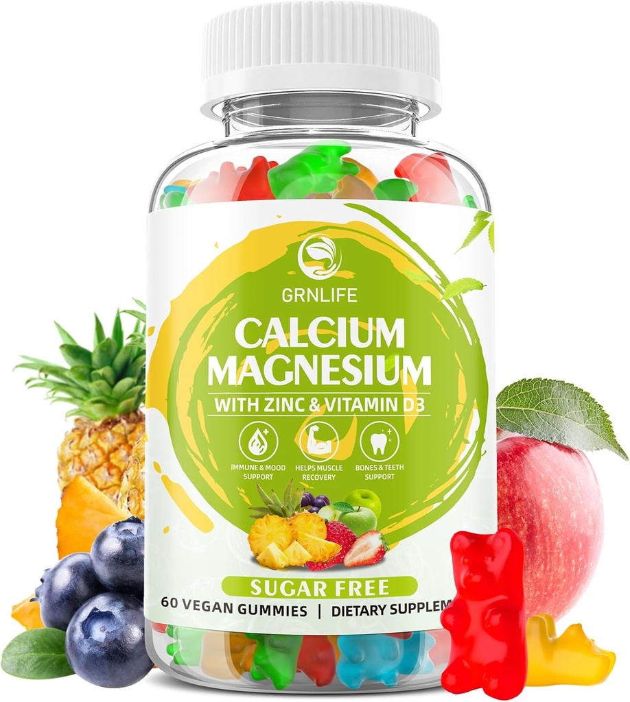 Magnesio de calcio Suplemento Zinc con vitamina D3, azúcar libre Calcio Gummies para Mujeres Hombres, alta potencia Magnesio Gummies para Bone & Muscle & Immune Health, sabores mixtos - 60 Condes