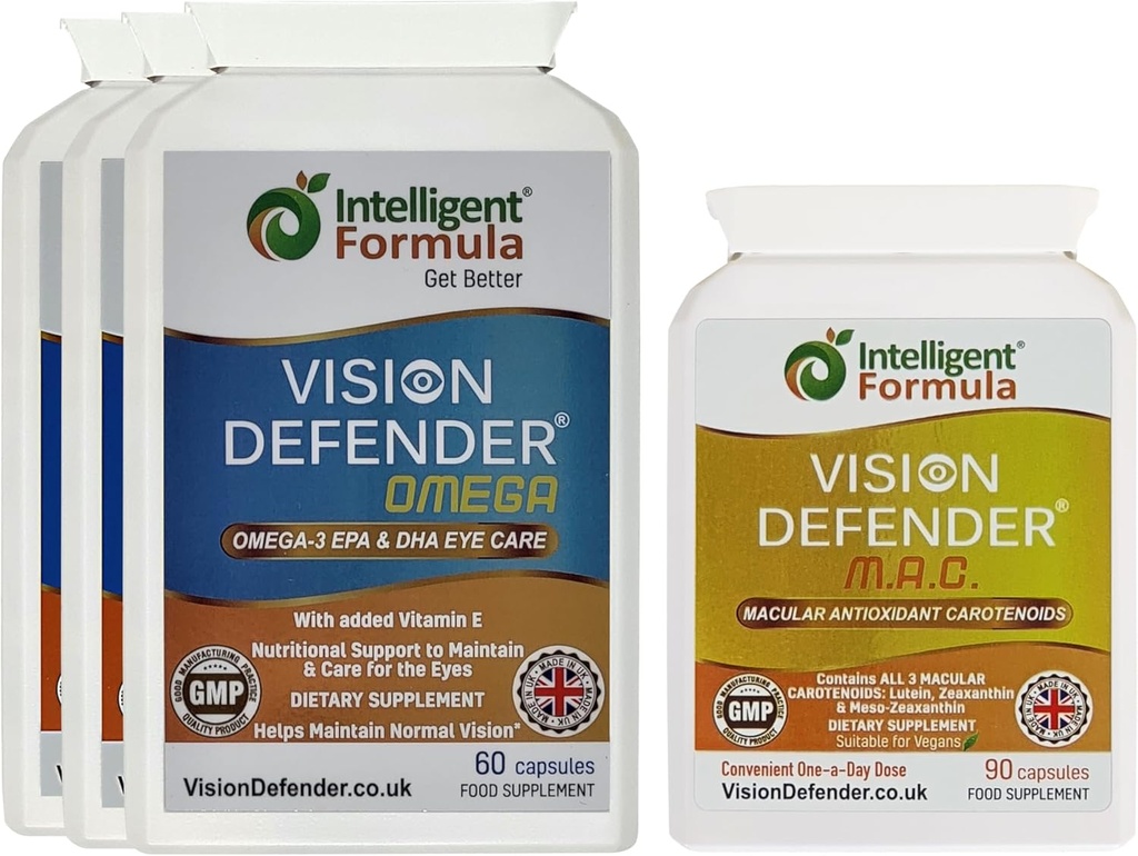 Vision Defender MAC & Omega Todos los días General Eye-Health Bundle (90 Days Supply). Suplemento de Vitaminas Ojo Incluye Carotenoides Lutein, Zeaxanthin, Omega-3 (DHA, EPA). Made in UK by Eye Specialists