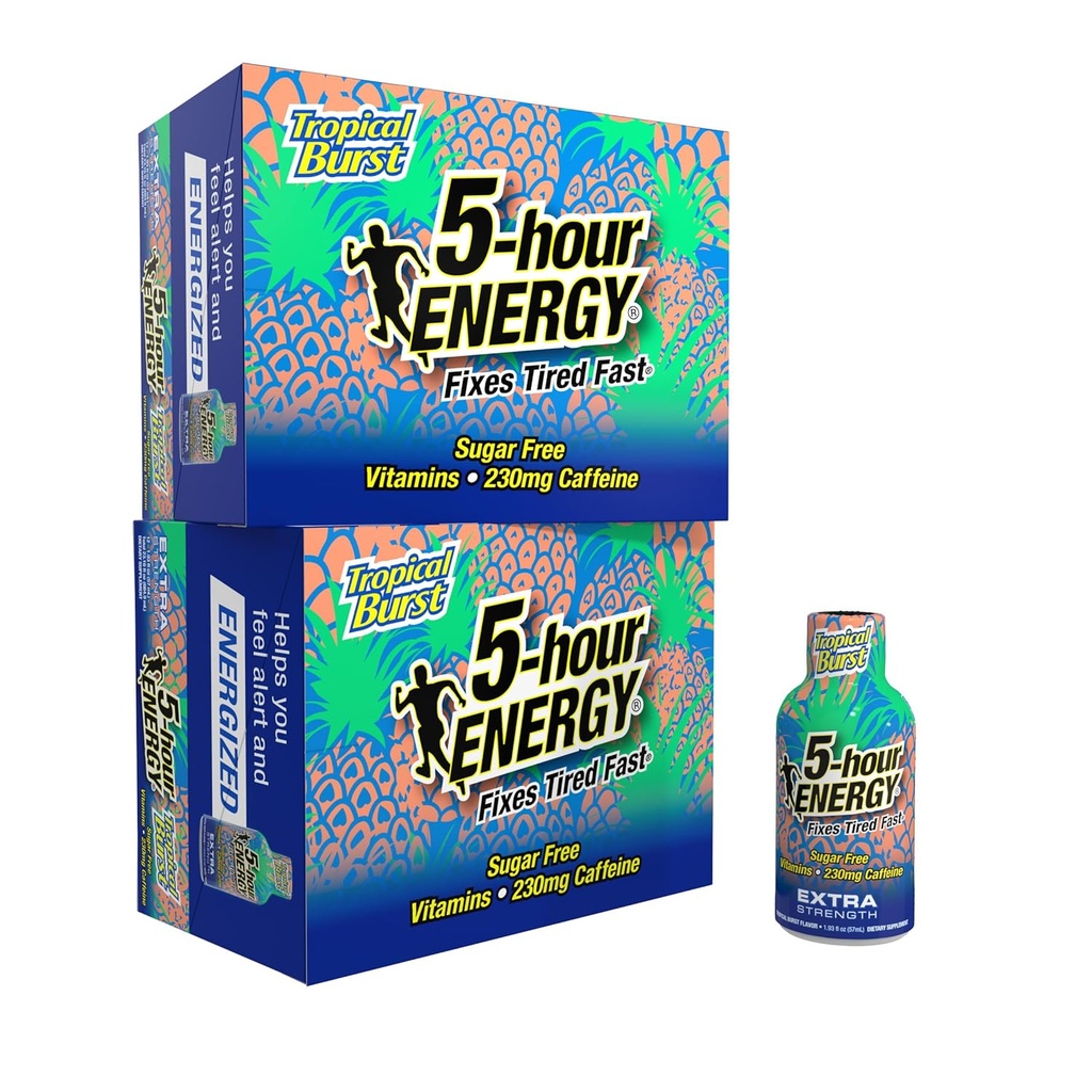 5 horas ENERGÍA Extra Strength Energy Shot, Tropical Burst Flavor (1.93 oz., 24 Conde) Zero Calories & Sugar-Free 230 mg Zapato Caffeinated, Amino Acids & B Vitaminas, Suplementos dietéticos