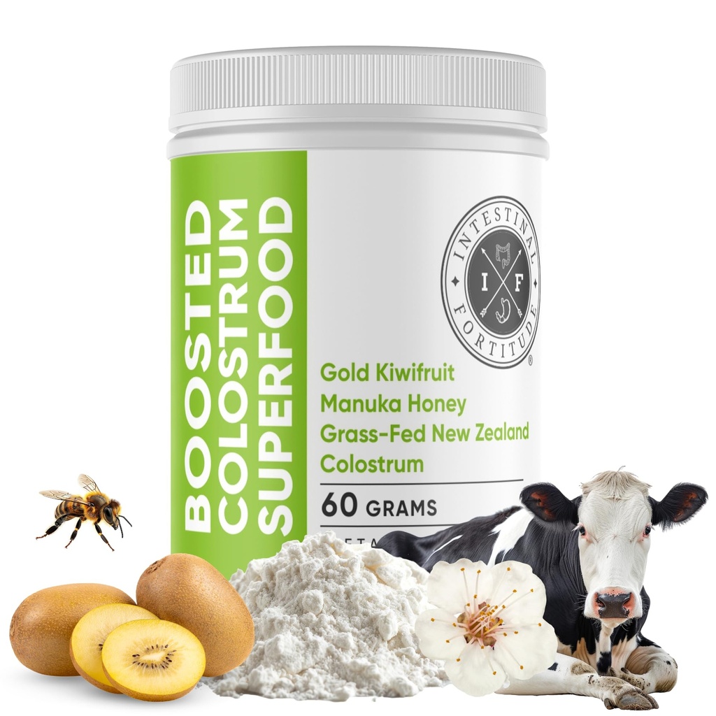 Intestinal Fortitude Boosted Colostrum Superfood Dietary Suplemento: Grass-Fed New Zealand Bovine Colostrum, Gold Kiwifruit, Manuka Honey, for Digestion, Immune System, and Gut Health (150 Grams)