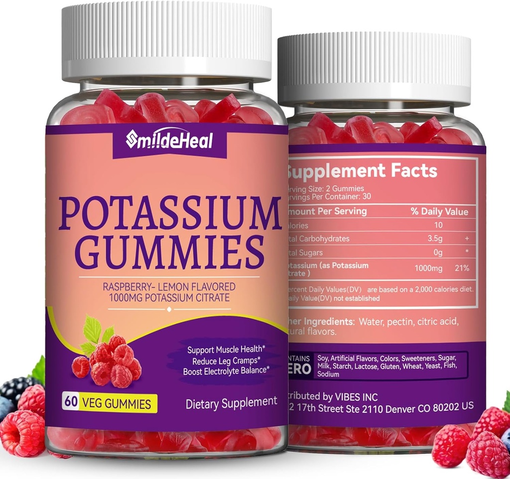 2 Pack Potasio Suplemento Gummies 1000mg, Potasio Gummies para Adultos, Apoyo Leg Cramps & Muscle Health - Vegan, Non-GMO,120 Conde