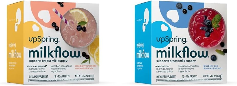 UpSpring Milkflow Breastfeeding Suplemento Bebidas Mezclas Silencio Fenugreek-Free Moringa Silencio Elderberry Lemonade & Blueberry Acai Flavors ← Lactation Supplements*