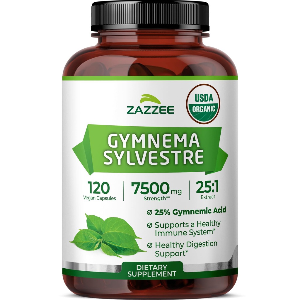 Zazzee Gimnema Orgánica Sylvestre 25:1 Extracto, 7500 mg Fuerza, 25% Ácido Gimnemico, 120 cápsulas vegas, 4 meses de suministro, estándar y concentrado 25X Extracto, todo-Natural y no GMO