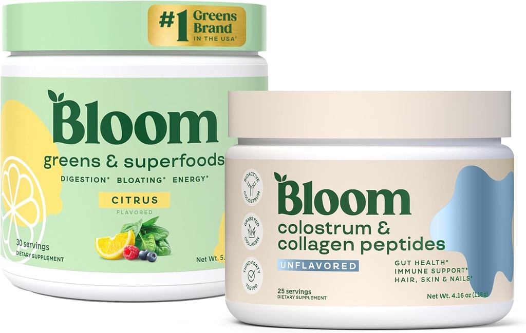 Bloom Nutrition Superfood Greens Powder, Enzymes Digestivos con Probióticos y Prebióticos, Gut Health, Bloating Relief, Citrus + Bovine Colostrum Powder ← Pure 40% IgG Premium Colostrum