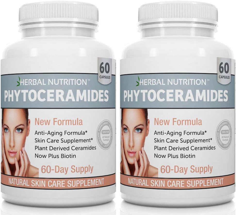 Fitoceramides Rice Basado en Biotina Anti Aging Suplemento, Wrinkle Remover y Moisturizing Facial con Fitoceramides Vitamina A, C, D y E, Two Bottle Pack, 120 Capsules 40mg, Gluten Free