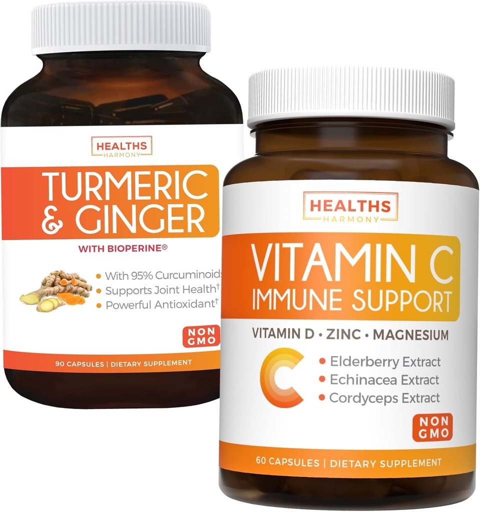 Bundle of Vitamin C Immune Support " Turmeric Curcumin - Apoyo diario: Inmune + salud conjunta - Soporte Inmunitario - Vitamina C con Zinc (No-GMO) " Curcumina Turmérica - Extracto Pepper Negro (No-GMO)