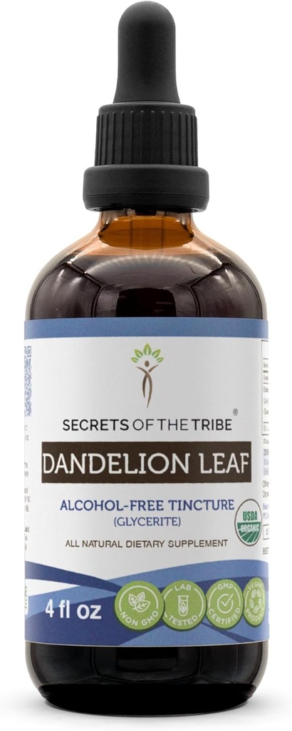 Secrets of the Tribe Dandelion Leaf USDA Organic Tincture Alcohol-Free Liquid Extract, Dandelion (Taraxacum Officinale) Dried Leaf (4 FL OZ)