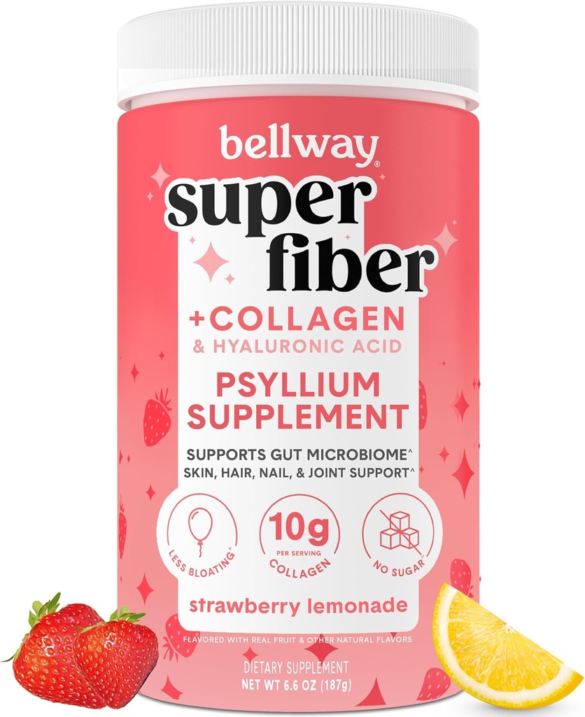 Bellway Super Fiber Powder + Collagen, Sugar-Free Psyllium Husk Polvo con Peptides Collagen y Ácido Hialurónico para Gut Health, Skin saludable, uñas, bonales &amp; joints, Strawberry Lemonade (11 Servings)