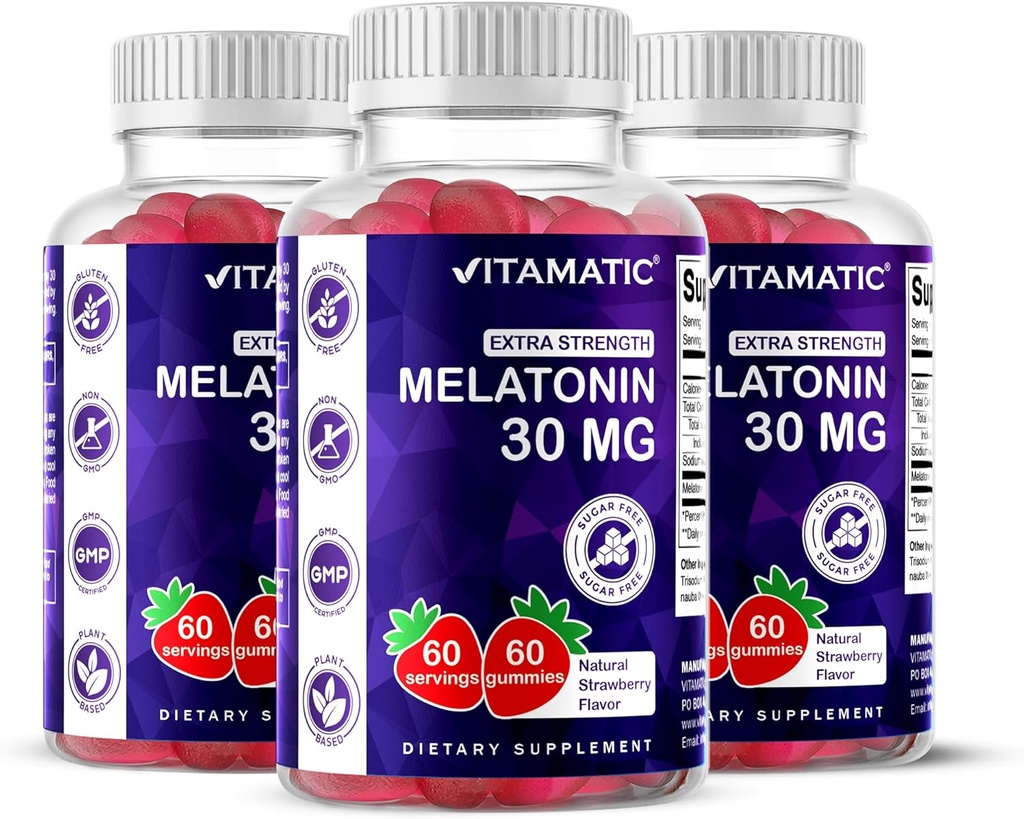 Vitamatic Sugar Free Melatonin 30mg per Gummy - 60 Servings - 60 Gummies Vegetarian - Suplemento No-Habit (60 Conde (Pack of 3))