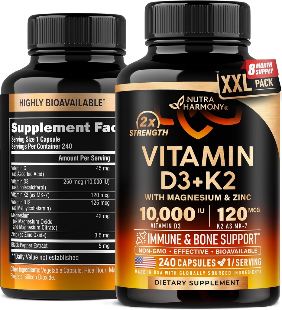 Vitamina D3 K2 - Vitamina D3 10000 iu & K2 como MK-7 120 mcg - Immune & Mood Support, para la salud de los huesos y los dientes - con magnesio, zinc & vitamina C & B12 - Altamente biodisponible - Hecho en EE.UU., 240 cápsulas