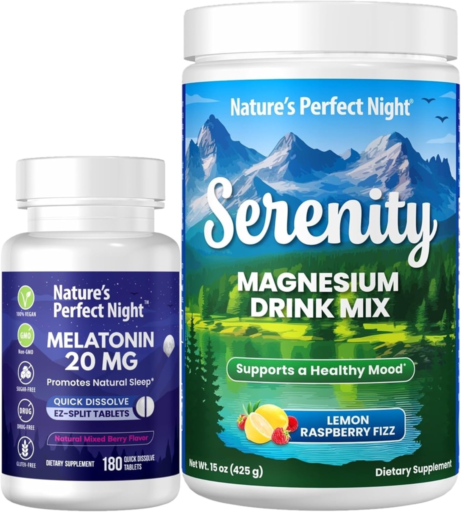 La noche perfecta de la naturaleza Melatonina 20 mg de disuelve rápido mezclado de baya 180 con serenidad Magnesio Polvo 15 oz Lemon Raspberry