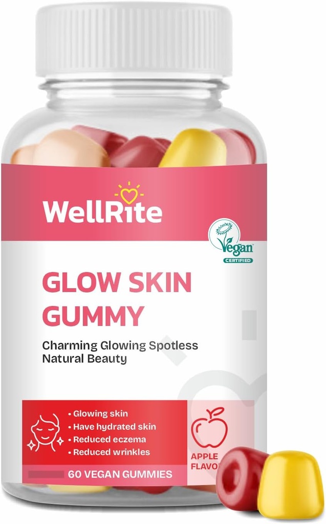 Glow Skin Gummy Vitaminas, 60 Cuenta, Apple Flavored, Vegan, Gelatin Free, Gluten Free, Nut Free, Glowing & Hydrated Skin, Eczema reducido, Arrugas reducidas
