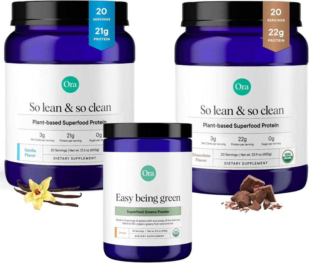 Ora Organic Vegan Protein Powder Chocolate, Vanila & Greens Powder Bundle: 22g Plant Based, Chocolate, 20 Servings + 21g Plant Based, Vanilla, 20 Servings + Organic Super Greens Drink, 30 Servings