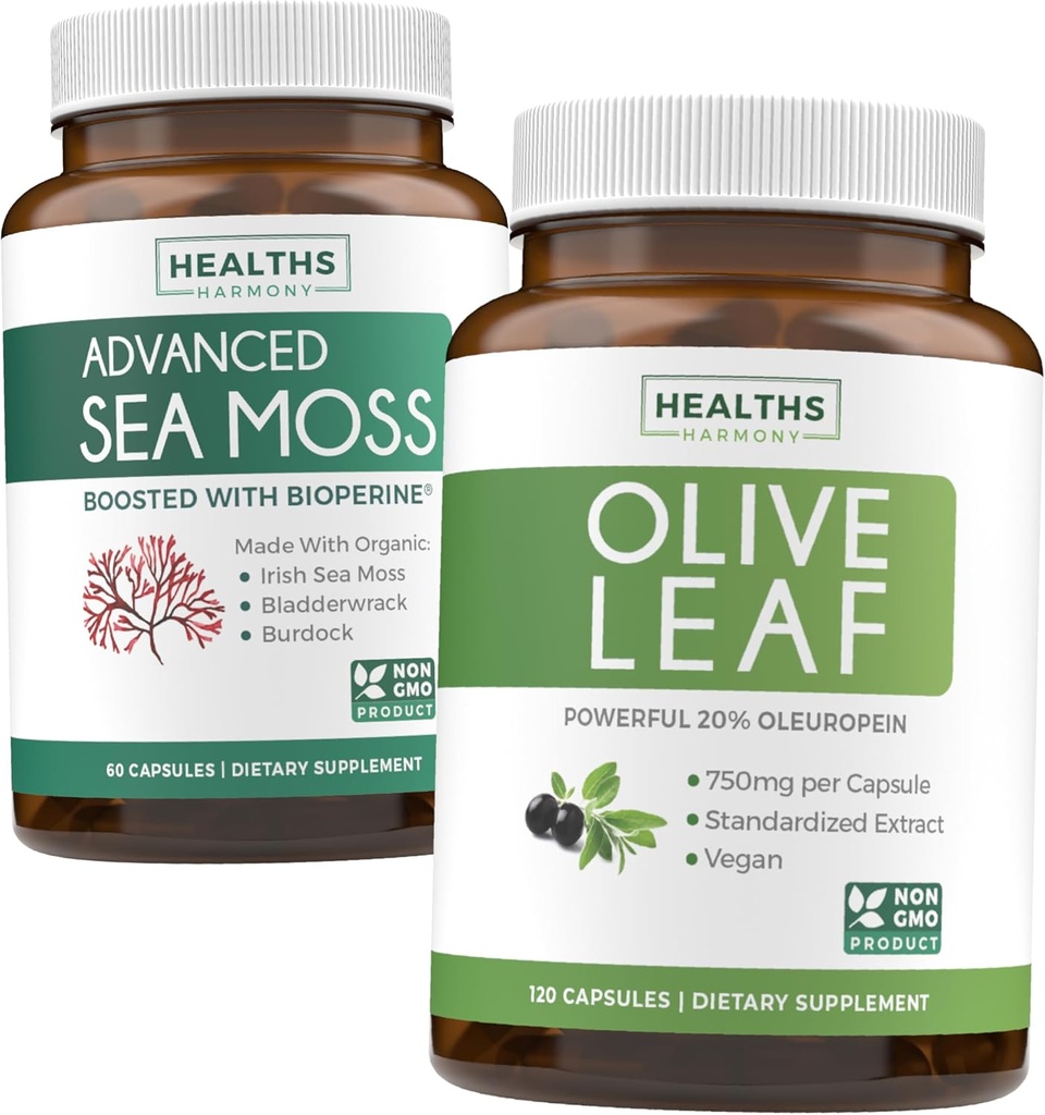 Sea Moss " Olive Leaf Extract (1-Month Supply) Olive Moss Blend - Organic Irish Sea Moss - Suplemento vegano crudo (60 caps) & Leaf Extracto Super Fuerza: 20% Oleuropea - Vegetariano (120 caps)