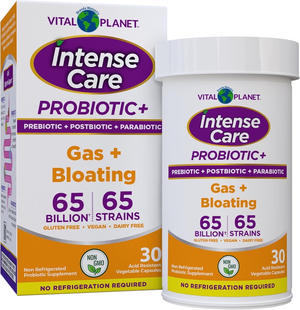 Planeta Vital - Probióticos de gas de cuidados intensivos más Prebióticos orgánicos, Postbióticos, Parabióticos, Suplemento completo 4-en-1 para adultos, 65 millones de UF, 65 Strains, Digestivo e Inmunitario 30 ct