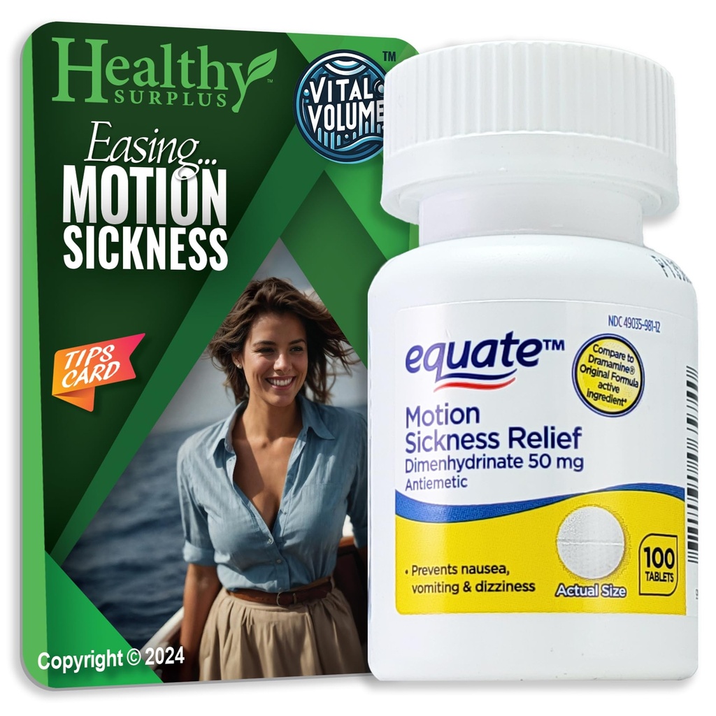 Healthy Surplus Equate Fast-Acting Motion Sickness 100 Tablets 50 mg Dimenhydrinate and Vital Volumes Tips Card Bundle