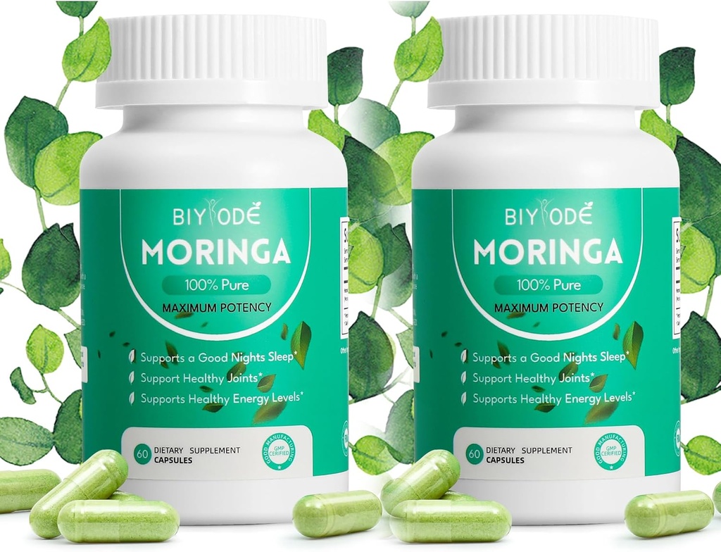 100% Moringa Pure Capsules, soporta sueño, articulaciones, energía Moringa Powder Organic Capsules Sleep Quality Energía Natural Boost Antioxidante Rich Moringa Suplemento, 60 cápsulas(2pc)