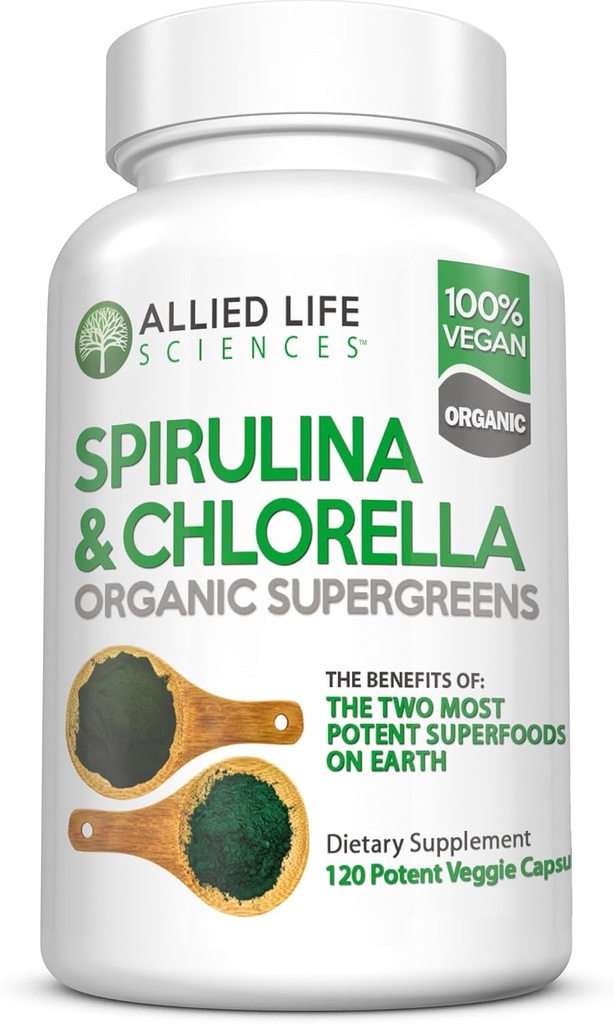 Vida Aliada Espirulina y Clorella ANTE Clorofila orgánica pólvora verde pólvora Superalimentos Ø 120 cápsulas