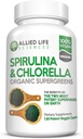 Vida Aliada Espirulina y Clorella ANTE Clorofila orgánica pólvora verde pólvora Superalimentos Ø 120 cápsulas