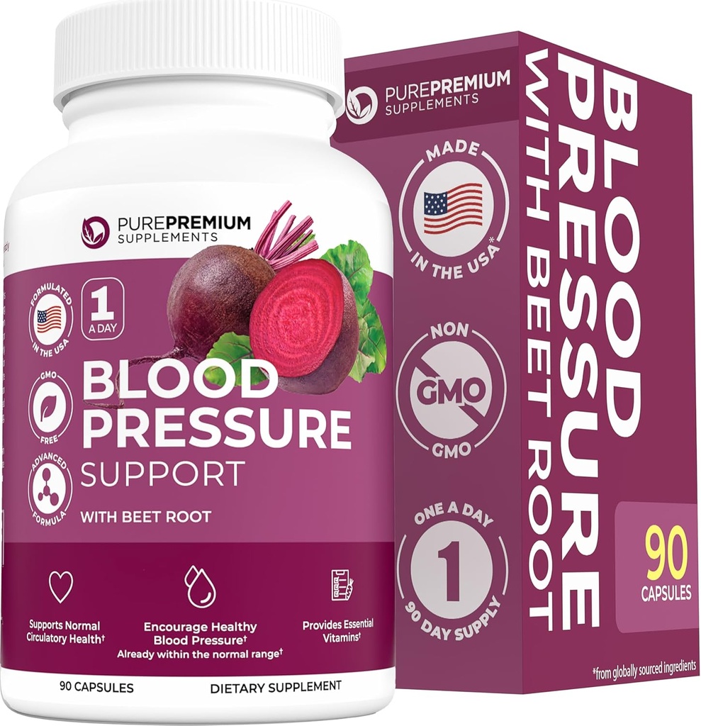 PurePremium Beet Root Capsules for Blood Pressure Support – 700mg Advanced Formula with Beet Poroot Powder, Hawthorn, Hibiscus & Ajo for Normal Nitric Oxide Production & Heart Health – Non-GMO - 90ct