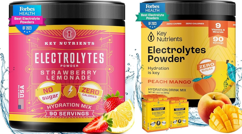 KEY NUTRIENTS Electrolyte Power Duo: Tropical Peach Mango & Juicy Strawberry Lemonade – Hidration & Endurance, Zero Sugar & Calories – 180 Servings